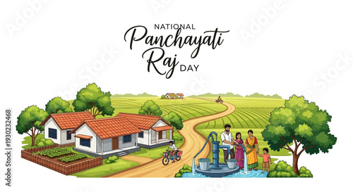 Illustration of a rural Indian scene celebrating National Panchayati Raj Day with a house, people, and a well, symbolizing grassroots democracy and local self-government.