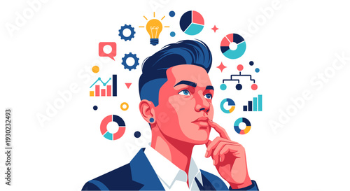 A thoughtful young man in a business suit contemplates innovative ideas and strategic solutions, surrounded by colorful business analytics icons.