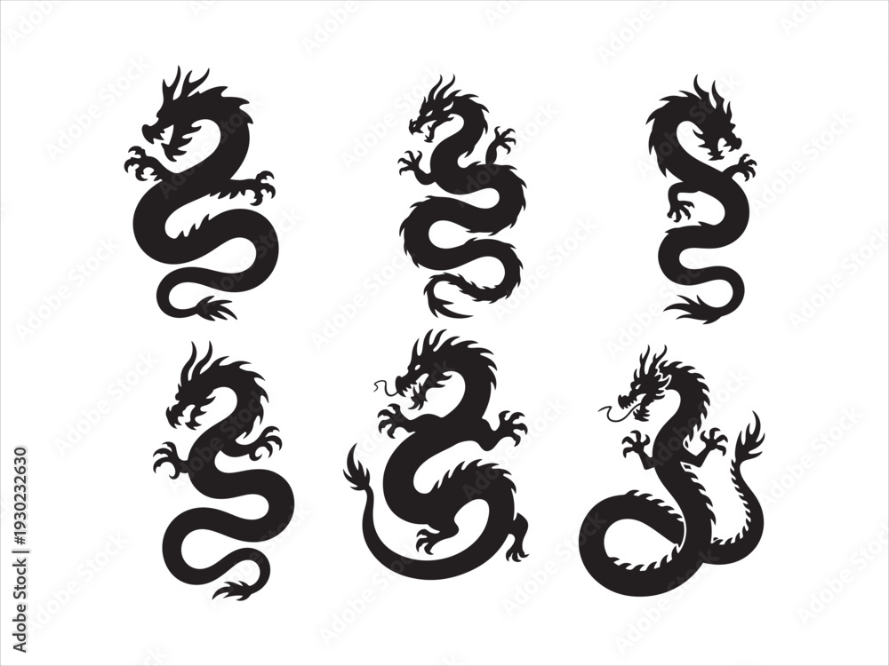 Fototapeta premium Black dragon vector silhouette set, Chinese dragon silhouette with traditional oriental style poses, isolated illustration