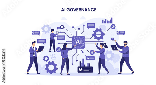 Diverse team of professionals collaborating on artificial intelligence governance, ensuring ethical and responsible AI development and implementation.