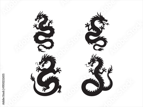 Black dragon vector silhouette set, Chinese dragon silhouette with traditional oriental style poses, isolated  illustration