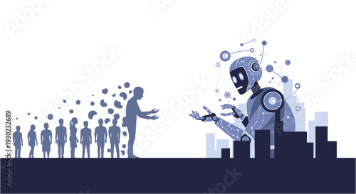 Conceptual illustration depicting the dynamic interaction between human society and artificial intelligence, showcasing technological evolution and societal integration.