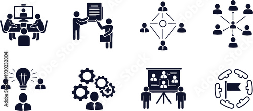 Set of business management and teamwork icons featuring meetings collaboration hierarchy and problem solving concepts isolated on transparent background