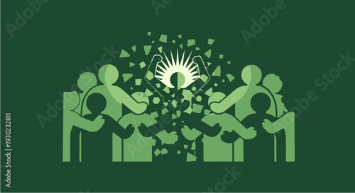 Stylized graphic illustration depicting a group of people collaborating around a central, glowing, abstract element, symbolizing shared ideas and innovation.