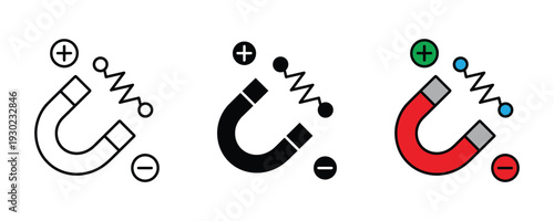 Magnet with resistor and polarity icon set. Magnetic field, electrical resistance, and physics experiment symbol for education, science, and engineering design. Vector Illustration.