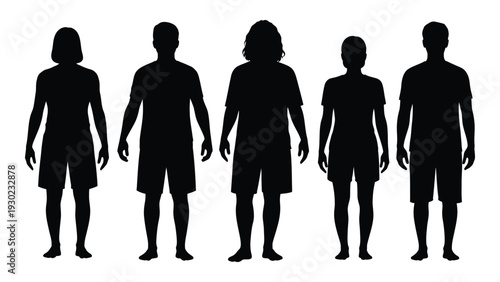 Five black silhouettes of people standing in a row isolated on white background, Vector