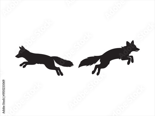 Black silhouette vector foxes running and jumping illustration