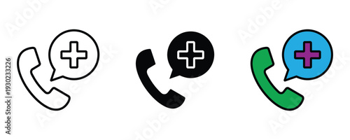 Medical emergency phone call icon set. Hospital contact, doctor consultation, and telemedicine symbol for healthcare helpline and first aid service design. Vector Illustration.