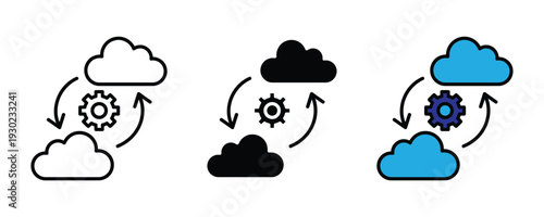 Cloud computing and data synchronization icon set. Network gear with clouds and arrows symbol for backup, transfer, and information storage design. Vector Illustration.