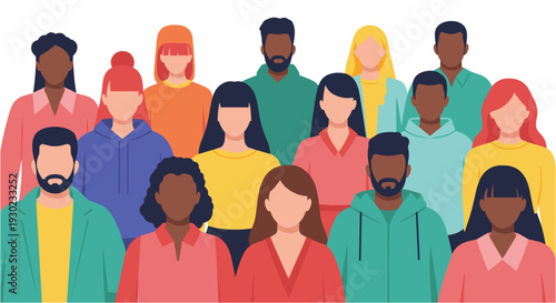 Diverse group of people from various backgrounds and ethnicities standing together, symbolizing unity, community, and global connection.