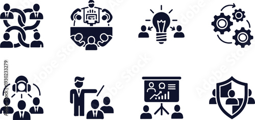 Set of eight black and white icons depicting various teamwork and business collaboration concepts isolated on transparent background