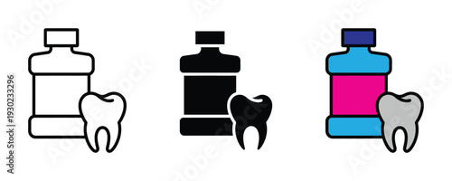 Mouthwash bottle and tooth icon set. Dental care, oral hygiene, and teeth protection symbol for dentistry, healthcare, and medical service design. Vector Illustration.