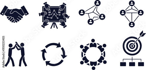 Set of eight business and teamwork icons featuring handshake collaboration network hierarchy partnership and goal achievement designs