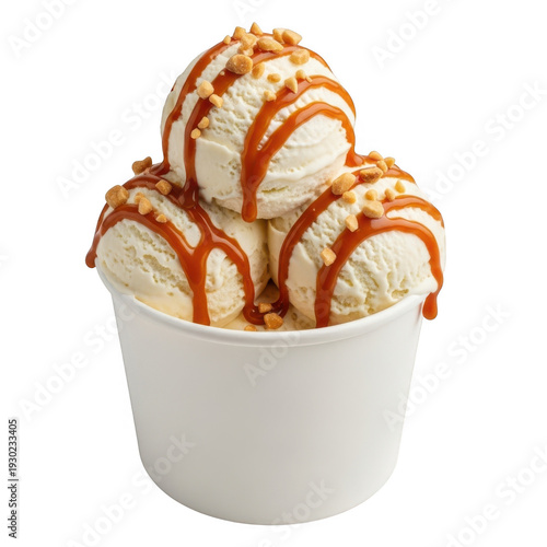 Creamy vanilla ice cream with caramel drizzle and nuts isolated on transparent background