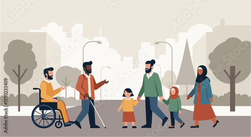 Diverse group of people with varying backgrounds and abilities walking together in a city park, promoting inclusivity and community.