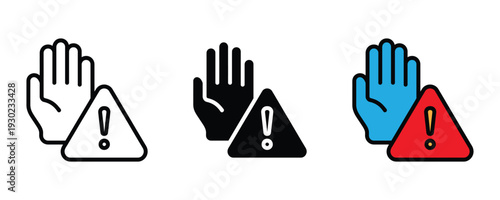 Hand with warning triangle icon set. Stop gesture, caution alert, and danger hazard symbol for safety, security, and restriction design. Vector Illustration.