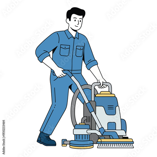 Man vacuuming carpet with upright vacuum cleaner, floor cleaning, janitorial service, happy expression, household chore, minimal vector art