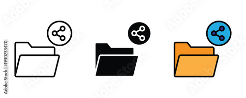 Shared folder and file distribution icon set. Data sharing, cloud network collaboration, and document exchange symbol for technology and office design. Vector Illustration.