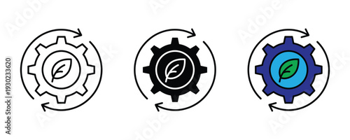 Eco-friendly production and green technology icon set. Gear with leaf symbol and arrows for sustainable industry, recycling process, and environmental energy design. Vector Illustration.