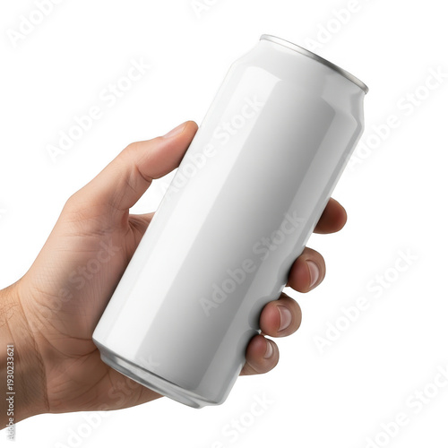 Hand holding white aluminum can isolated on transparent background