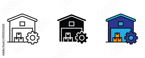 Warehouse management and logistics automation icon set. Storage building with boxes and gear symbol for supply chain, inventory control, and distribution design. Vector Illustration.