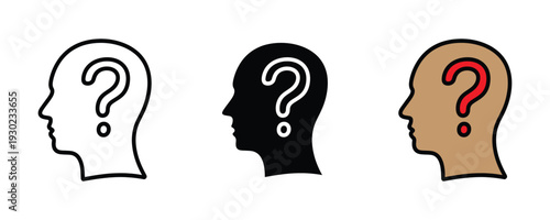 Human head with question mark icon set. Confusion, doubt, and problem-solving symbol for psychology, education, and brain research design. Vector Illustration.