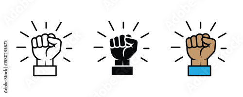 Raised fist icon set for power and protest. Solidarity, strength, and revolution symbol for human rights, activism, and leadership design. Vector Illustration.