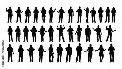 Collection of various black silhouettes of people in different poses isolated on white background, Vector