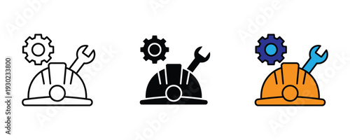 Construction helmet with gear and wrench icon set. Engineering service, industrial maintenance, and technician labor symbol for repair and safety design. Vector Illustration.