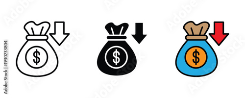 Money bag with down arrow icon set. Financial loss, budget cut, and economic recession symbol for business and bankruptcy design. Vector Illustration.