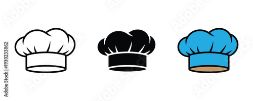 Chef hat icon set. Toque symbol for cooking, bakery, restaurant, and culinary professional design. Vector Illustration.