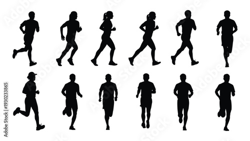 A group of people running in different poses isolated on white background, Vector