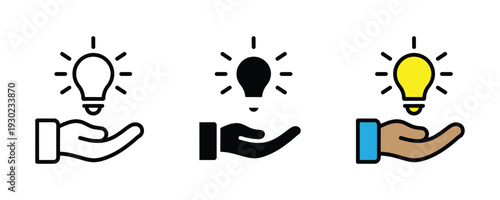 Hand holding glowing light bulb icon set. Creative idea, innovation concept, and solution symbol for business and inspiration design. Vector Illustration.