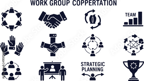 Set of icons illustrating work group cooperation and strategic planning concepts for business presentations