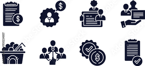 Set of nine business and finance icons featuring documents contracts money and teamwork on transparent background