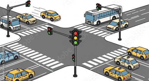 Busy City Intersection with Traffic Light.