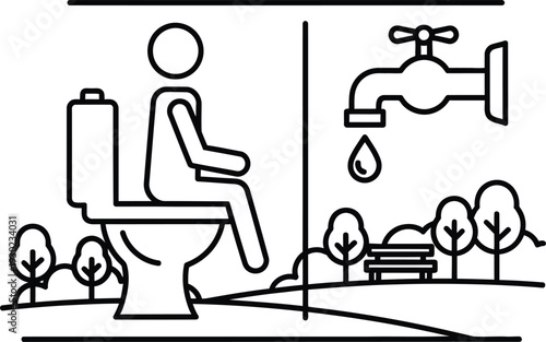 A simple line drawing of a person using a toilet next to a dripping faucet.