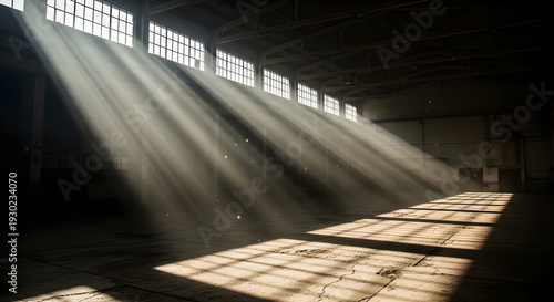 Empty Industrial Warehouse Interior with Dramatic Sunlight Beams Through Dusty Windows, Cinematic Concrete Floor Texture and Atmospheric Light Rays in Ultra Realistic 4K