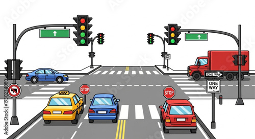 Busy City Intersection with Traffic Lights.