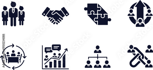 Set of nine business and teamwork icons featuring collaboration handshake puzzle growth hierarchy meeting communication and support concepts isolated on transparent background