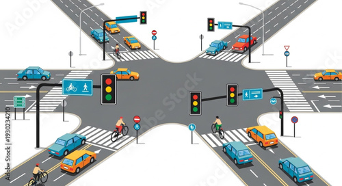 Busy City Intersection with Traffic Lights.