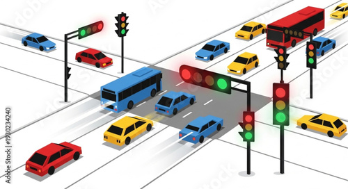 Busy City Intersection with Traffic Lights.