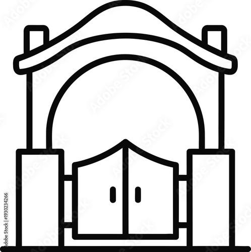 Simple line drawing of a minimalist archway with a roof and pillars.
