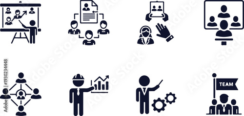 Set of nine business teamwork and management icons featuring presentations meetings leadership and organizational structure on transparent background
