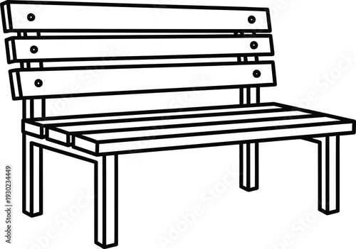 A simple line drawing of a wooden bench with a backrest and four legs.