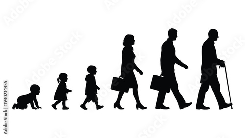 The evolution of a person through different stages of life isolated on white background, Vector