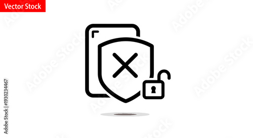 Mobile Security Breach Icon: Shield with Cross, Unlocked Padlock, and Smartphone