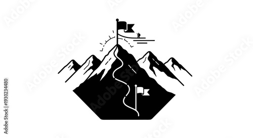 Mountain Climbing Success: Summit Flag, Winding Path, and Sunrise Symbolizing Achievement and Goals