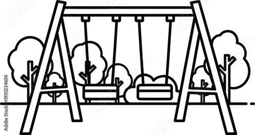 A simple line drawing of a swing set with two swings and a seesaw in a park.