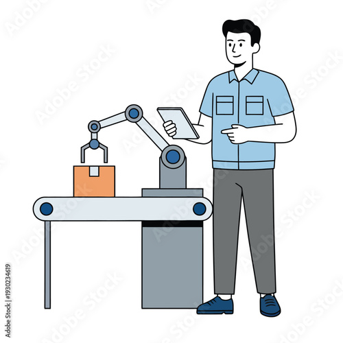 Man with tablet overseeing robotic arm on conveyor belt assembling boxes, isolated on white, concept of automation and manufacturing